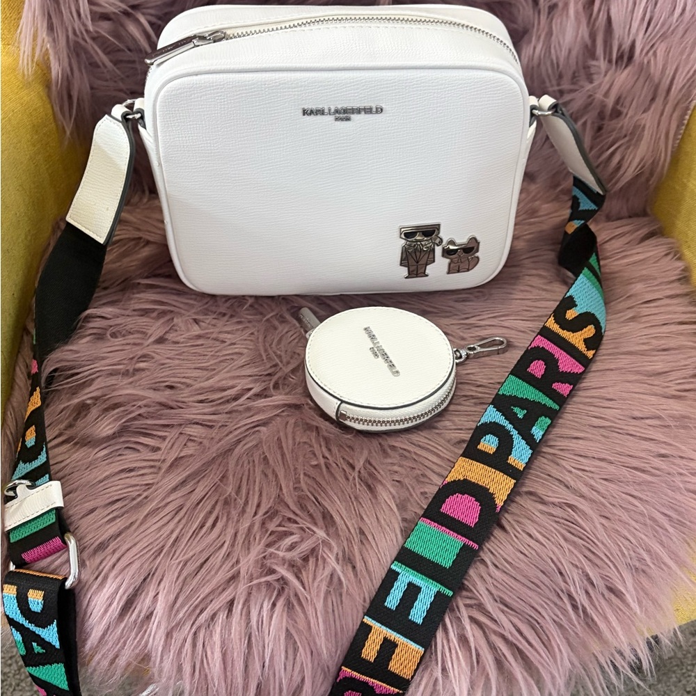 Karl Lagerfeld White Crossbody Bag with Multicolor Strap
